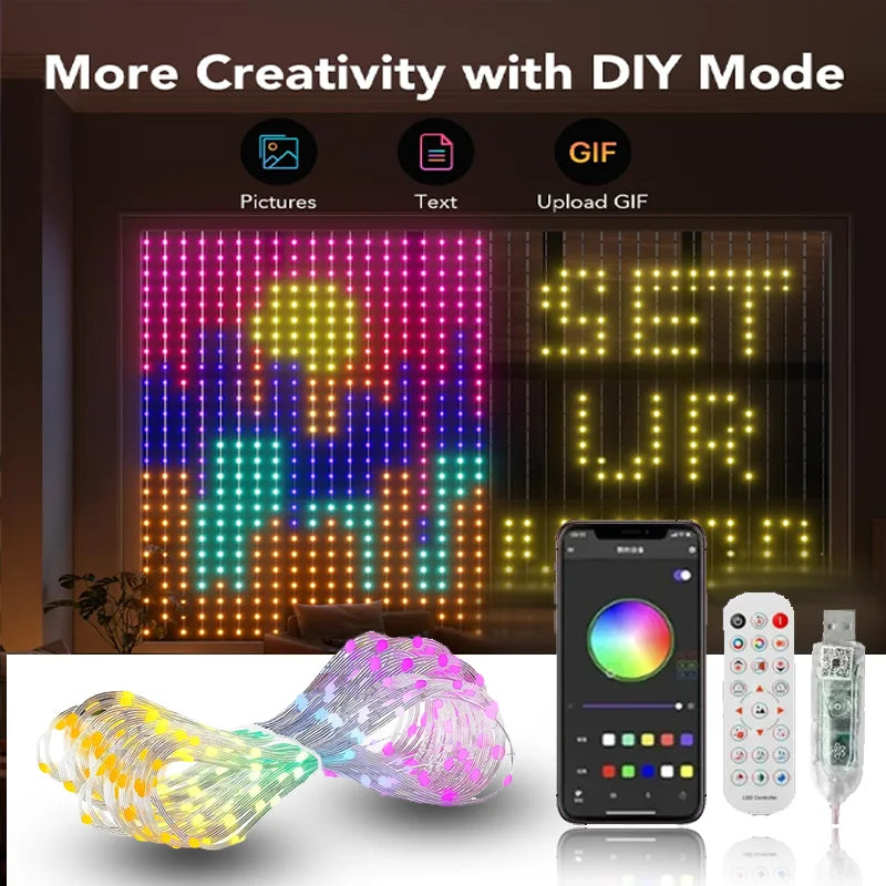 Smart RGB Curtain Lights – App, Remote & Music Sync