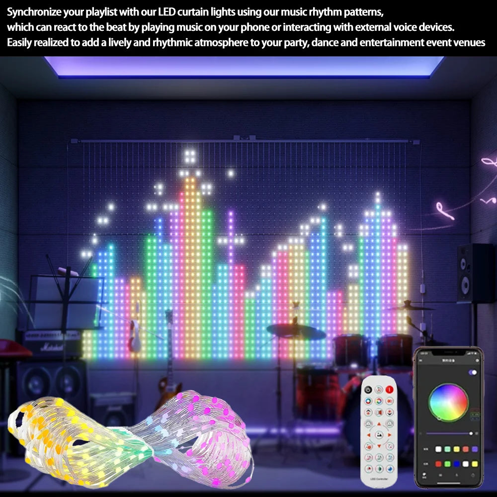 Smart RGB Curtain Lights – App, Remote & Music Sync